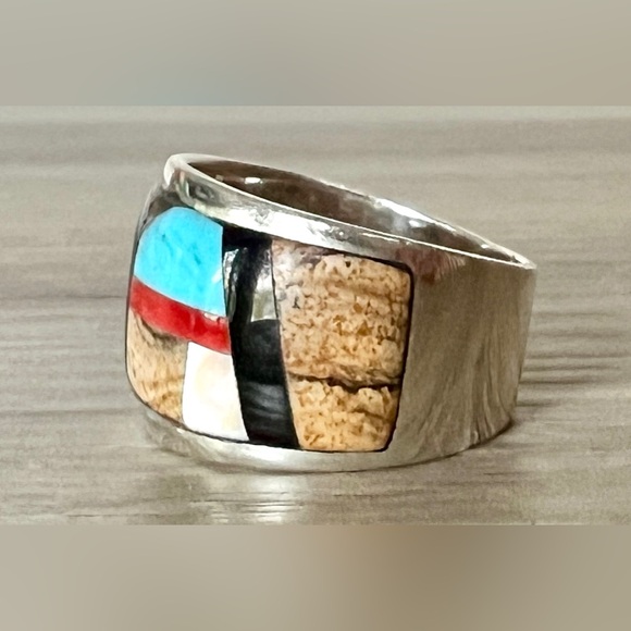 Vintage Handmade Zuni Multi Stone Inlay Wide Band Ring, Size 7 - Picture 3 of 11